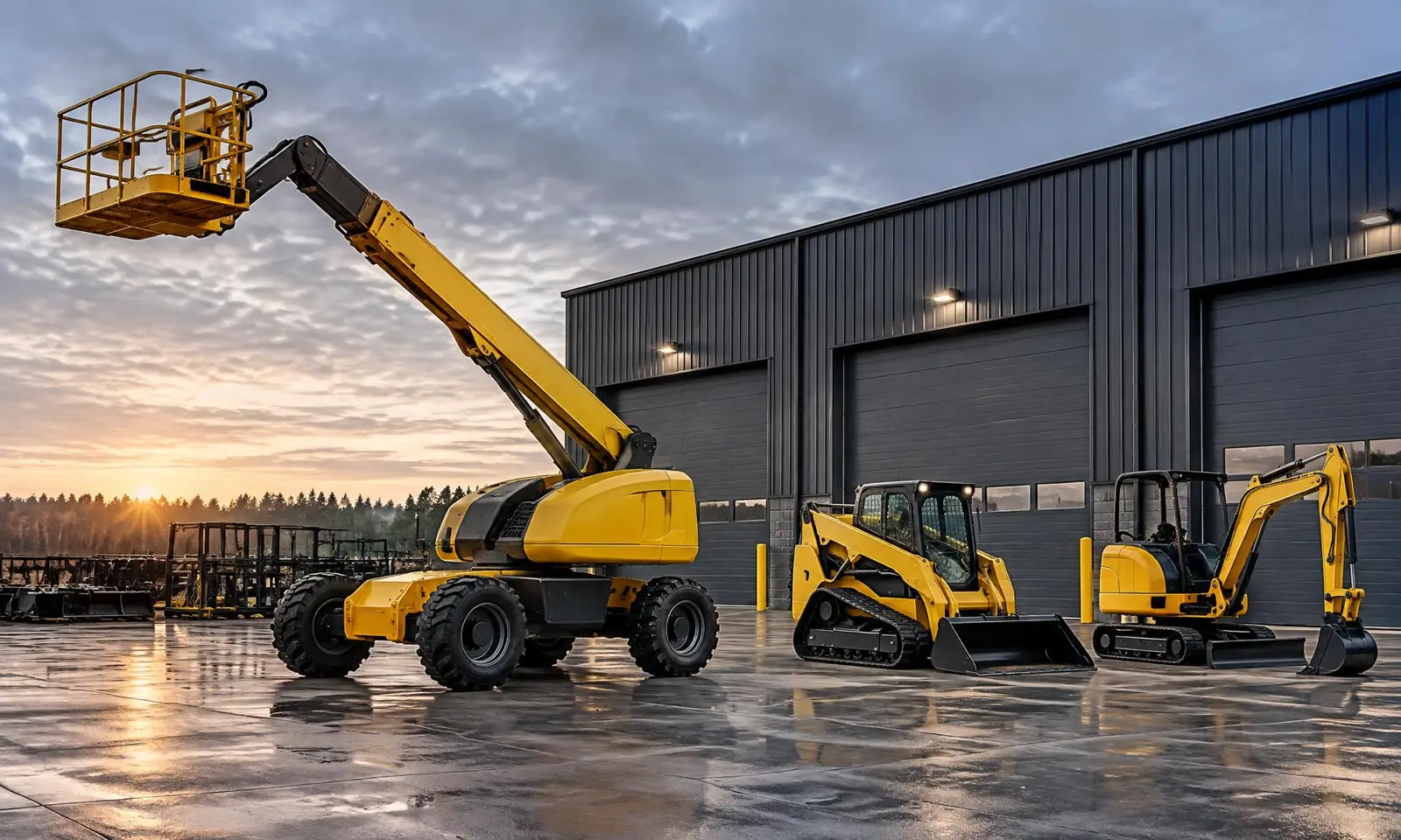 Used construction equipment lined up in the Canfield Equipment Sales yard
